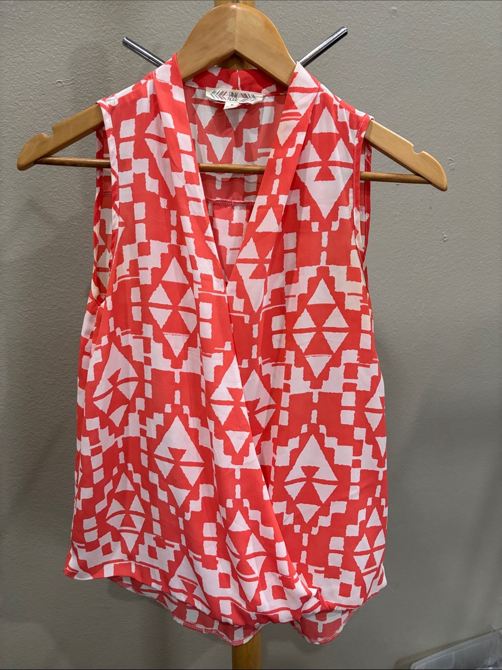 Pink Rose Coral and White Sleeveless Geometric Wrap-Front Camisole